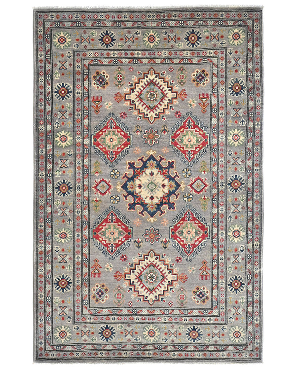 4x6 Gray Kuba Afghan Hand Knotted Wool Area Rug