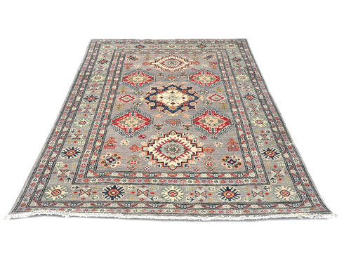 4x6 Gray Kuba Afghan Hand Knotted Wool Area Rug