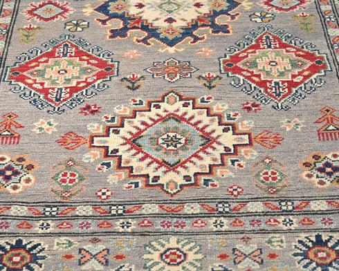 4x6 Gray Kuba Afghan Hand Knotted Wool Area Rug