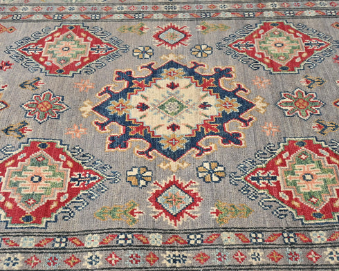 4x6 Gray Kuba Afghan Hand Knotted Wool Area Rug