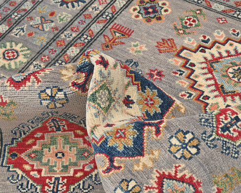 4x6 Gray Kuba Afghan Hand Knotted Wool Area Rug