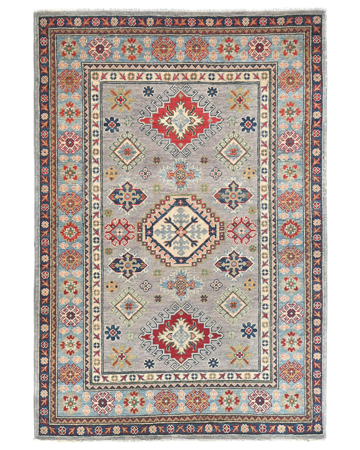 4x6 Gray Kuba Afghan Hand Knotted Wool Area Rug