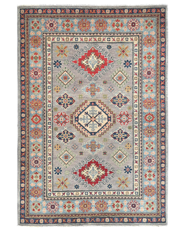 4x6 Gray Kuba Afghan Hand Knotted Wool Area Rug