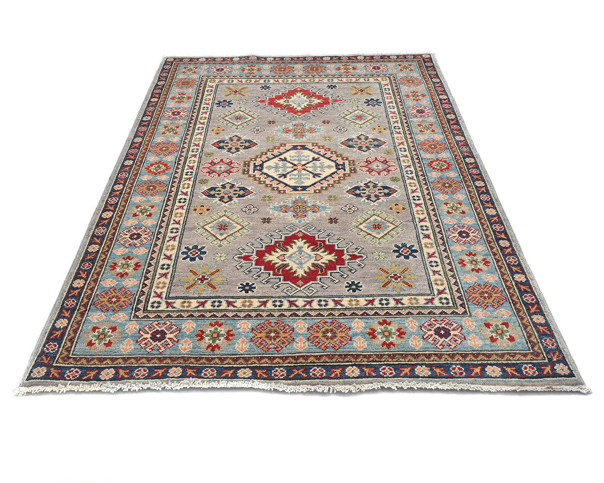 4x6 Gray Kuba Afghan Hand Knotted Wool Area Rug