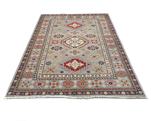 4x6 Gray Kuba Afghan Hand Knotted Wool Area Rug