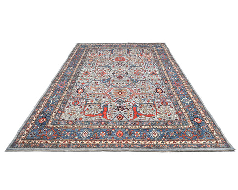 Alfombra afgana Aryana de lana teñida con vegetales, anudada a mano, de 9 x 12 pulgadas, color gris y azul