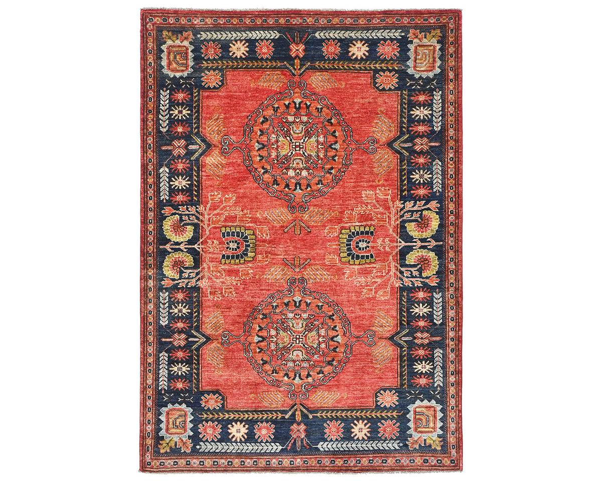 Alfombra afgana Ersari de lana teñida vegetal anudada a mano de 5x7, color rojo y azul