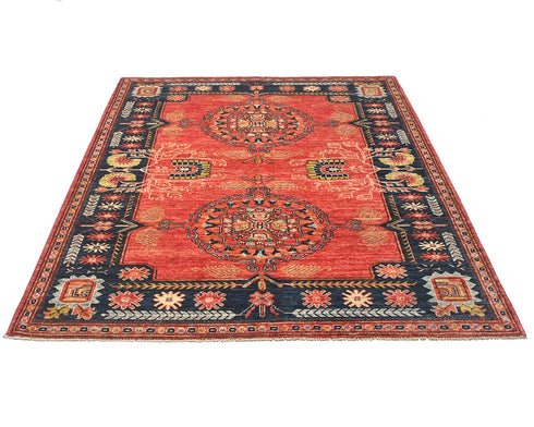 5x7 Red Blue Ersari Afghan Hand Knotted Veg Dye Wool Area Rug