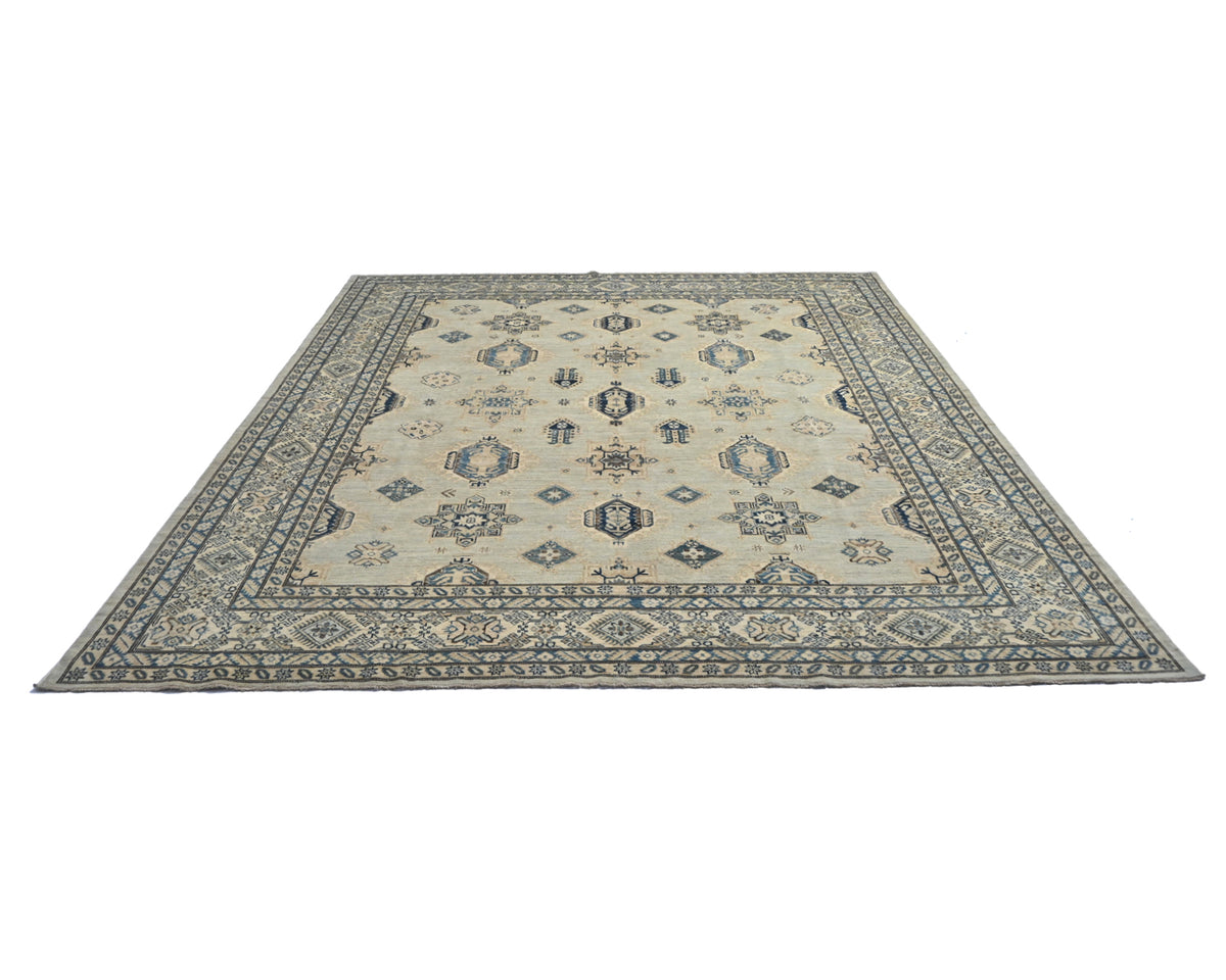 Alfombra cuadrada de lana anudada a mano, color gris, Kazak Afghan, de 10 x 10 pies
