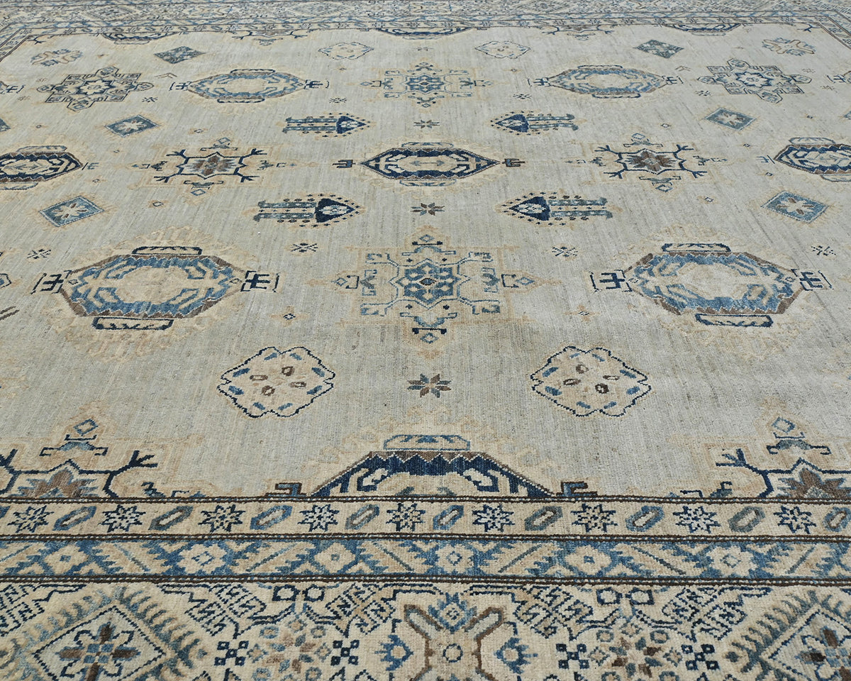 Alfombra cuadrada de lana anudada a mano, color gris, Kazak Afghan, de 10 x 10 pies