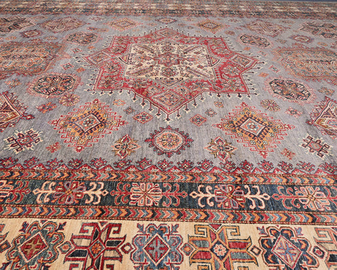 13x17 Gray Kazak Afghan Hand Knotted Wool Area Rug