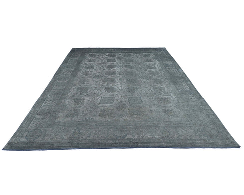 9x12 Chobi Gray Over Dye Afghan Hand Knotted Floral High Low Wool Area Rug