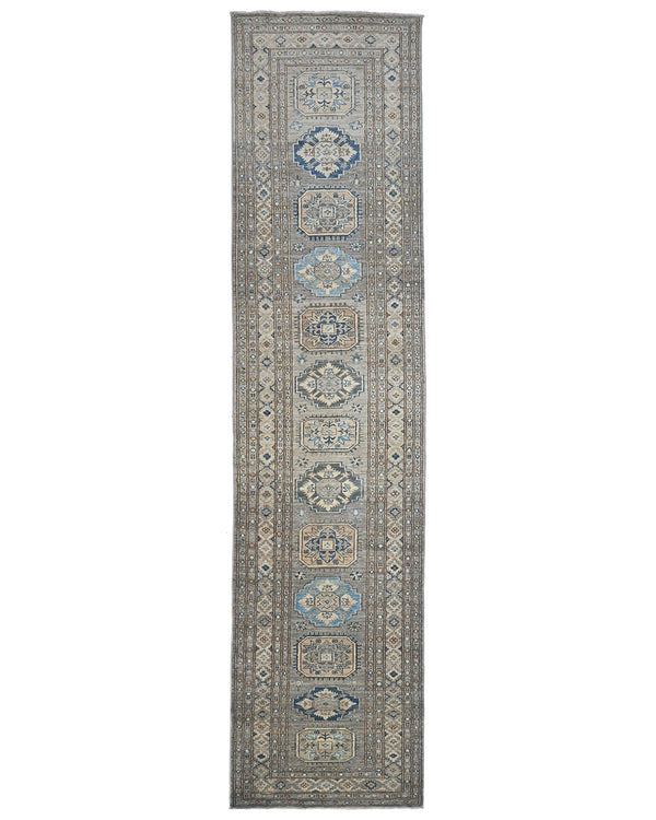 11 Ft Gray Kazak Afghan Hand Knotted Geometric Wool Runner Rug