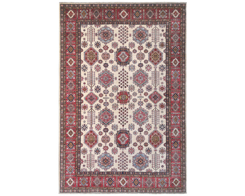 9x12 Beige Kazak Afghan Hand Knotted Geometric Wool Area Rug