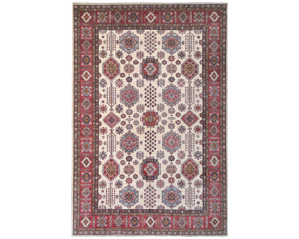 9x12 Beige Kazak Afghan Hand Knotted Geometric Wool Area Rug