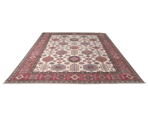 9x12 Beige Kazak Afghan Hand Knotted Geometric Wool Area Rug