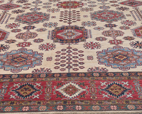 9x12 Beige Kazak Afghan Hand Knotted Geometric Wool Area Rug