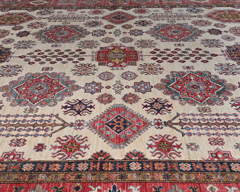 9x12 Beige Kazak Afghan Hand Knotted Geometric Wool Area Rug
