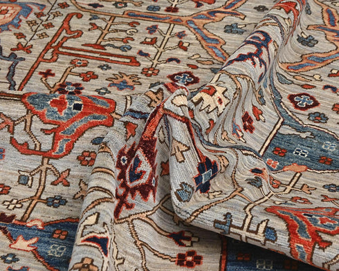Alfombra afgana Aryana de lana teñida con vegetales, anudada a mano, de 9 x 12 pulgadas, color gris y azul