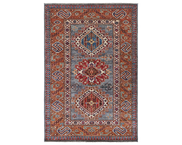 3x5 Gray Rust Kazak Afghan Hand Knotted Geometric Wool Area Rug