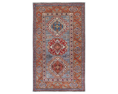 3x5 Gray Kazak Afghan Hand Knotted Geometric Wool Area Rug