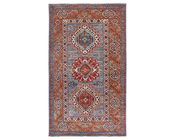 3x5 Gray Kazak Afghan Hand Knotted Geometric Wool Area Rug