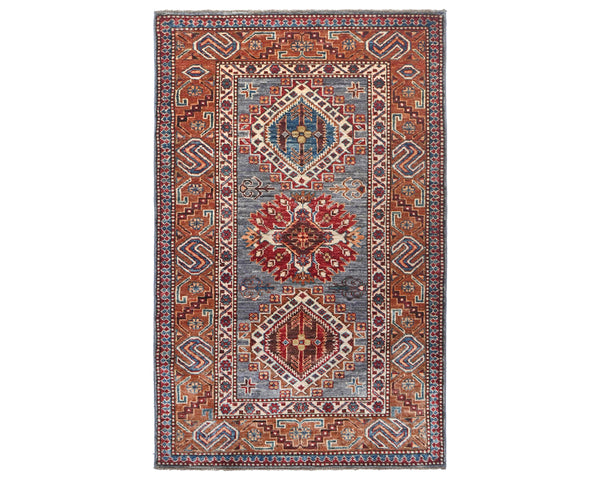 3x5 Gray Rust Kazak Afghan Hand Knotted Geometric Wool Area Rug