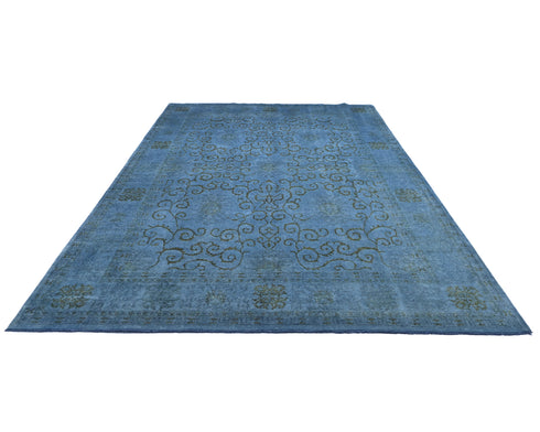 9x12 Blue Chobi Over Dye Afghan Hand Knotted Floral Wool Area Rug