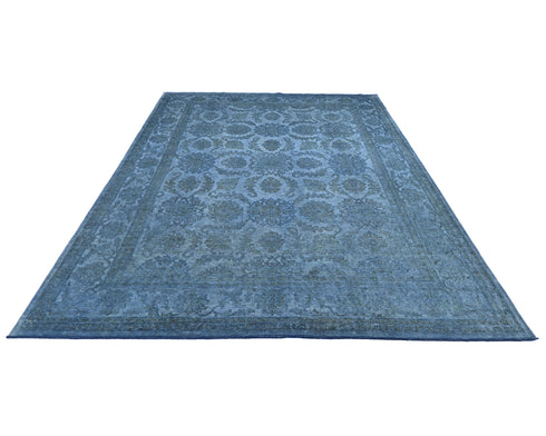 9x12 Ft Blue Over Dye Chobi Afghan Hand Knotted Floral High Low Wool Area Rug
