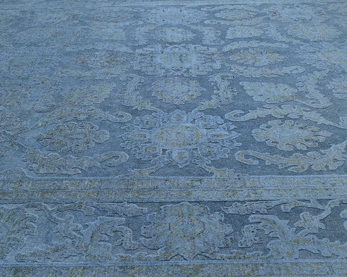 9x12 Ft Blue Over Dye Chobi Afghan Hand Knotted Floral High Low Wool Area Rug