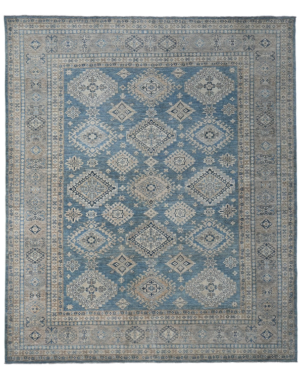 8x10 Blue Kazak Afghan Hand Knotted Geometric Wool Area Rug
