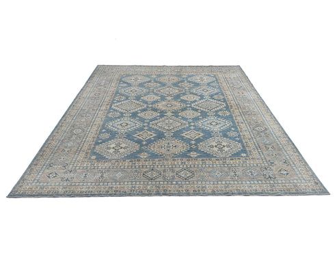 8x10 Blue Kazak Afghan Hand Knotted Geometric Wool Area Rug