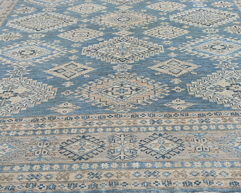 8x10 Blue Kazak Afghan Hand Knotted Geometric Wool Area Rug