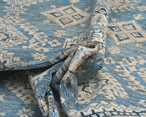 8x10 Blue Kazak Afghan Hand Knotted Geometric Wool Area Rug