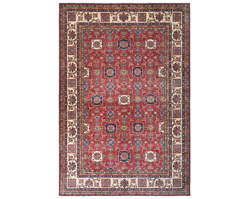 Red 9x12 Kazak Afghan Hand Knotted Geometric Wool Area Rug
