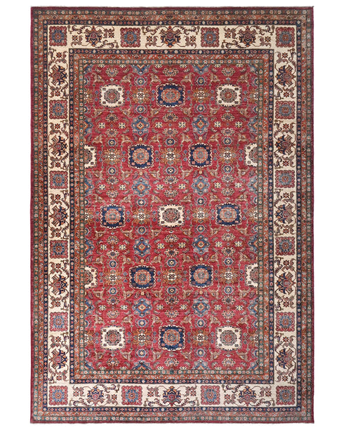 Alfombra afgana kazaja roja de lana geométrica anudada a mano de 9 x 12 pulgadas