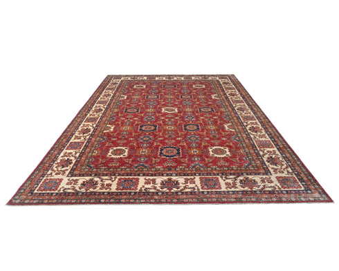 Red 9x12 Kazak Afghan Hand Knotted Geometric Wool Area Rug