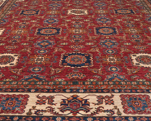 Red 9x12 Kazak Afghan Hand Knotted Geometric Wool Area Rug