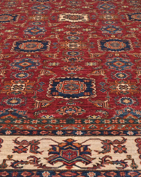 Alfombra afgana kazaja roja de lana geométrica anudada a mano de 9 x 12 pulgadas