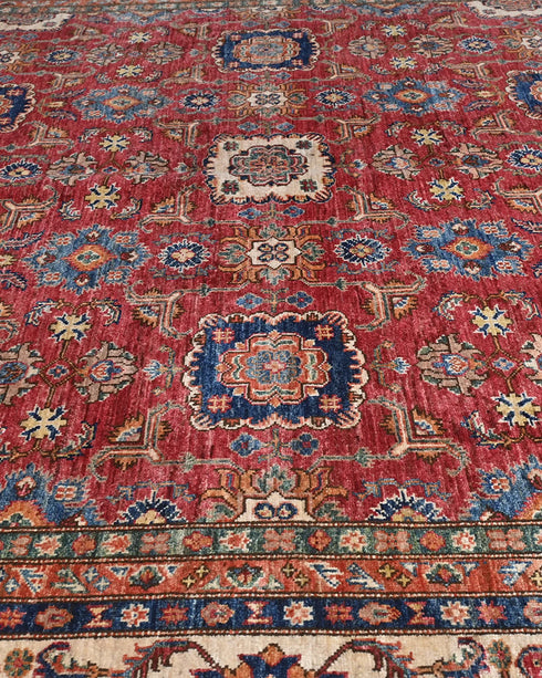 Alfombra afgana kazaja roja de lana geométrica anudada a mano de 9 x 12 pulgadas