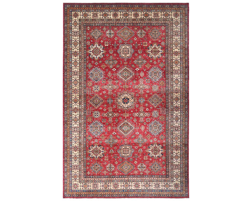 9x12 Red Kazak Afghan Hand Knotted Geometric Wool Area Rug
