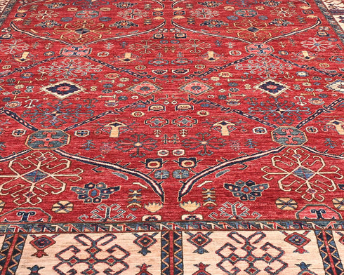 Alfombra afgana Aryana roja de lana teñida con vegetales, anudada a mano, de 9 x 12 pulgadas