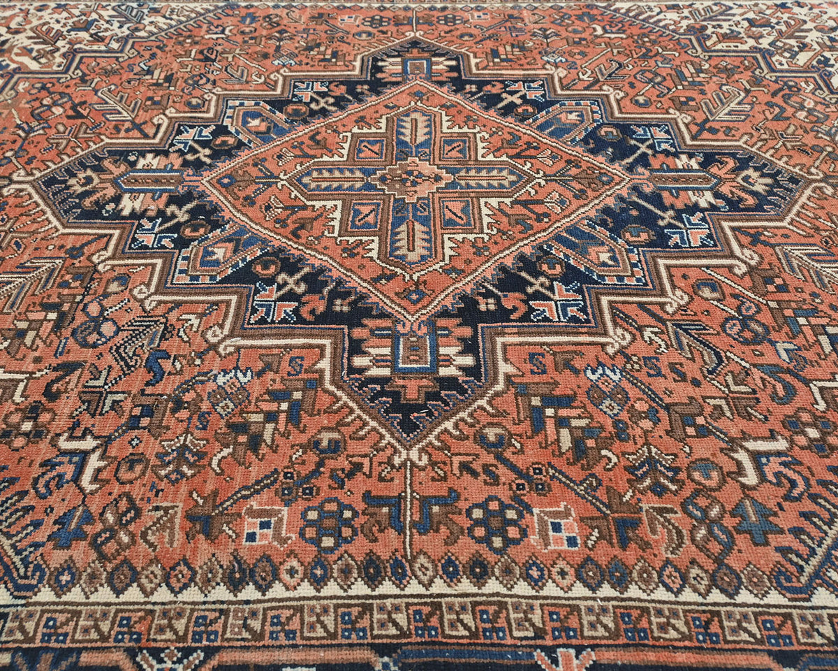 Alfombra de lana anudada a mano estilo persa terracota Heriz vintage de 8 x 10 pulgadas
