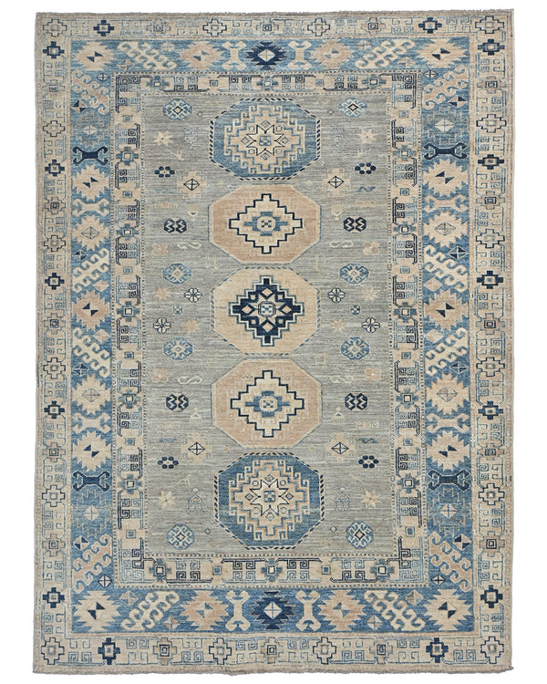 5x7 Kazak Gray Blue Afghan Hand Knotted Geometric Wool Area Rug