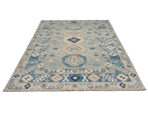 5x7 Kazak Gray Blue Afghan Hand Knotted Geometric Wool Area Rug