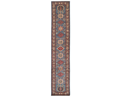14 Feet Blue Kazak Afghan Hand Knotted Wool Runner Rug