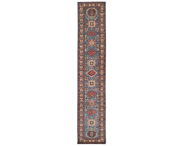 14 Feet Blue Kazak Afghan Hand Knotted Wool Runner Rug