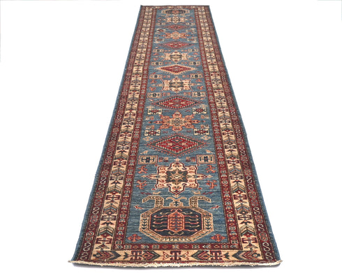 14 Feet Blue Kazak Afghan Hand Knotted Wool Runner Rug