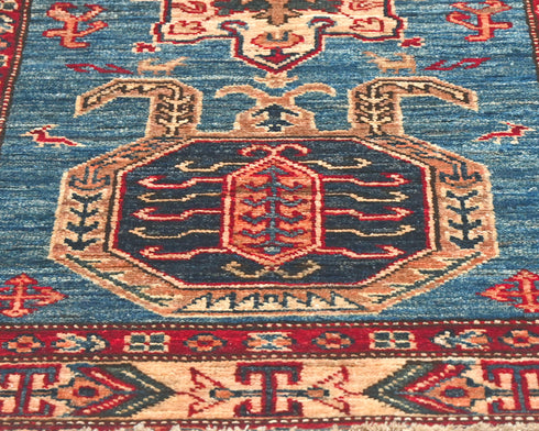 14 Feet Blue Kazak Afghan Hand Knotted Wool Runner Rug