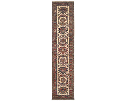 12 Feet Beige Kazak Afghan Hand Knotted Wool Runner Rug